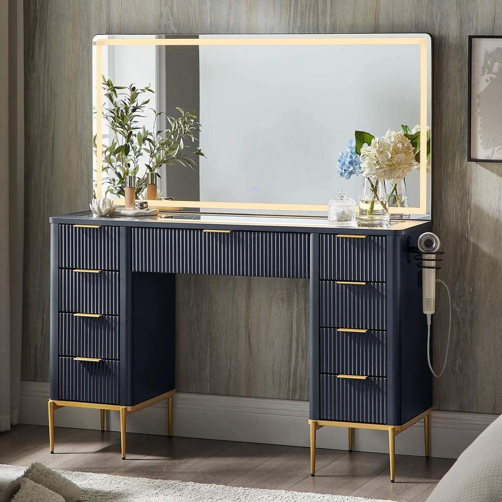 Fluted Vanity Desk with Nine Drawers & LED Mirror — Bring a touch of Italian-inspired elegance to your bedroom with this fluted vanity desk | Beautifull...