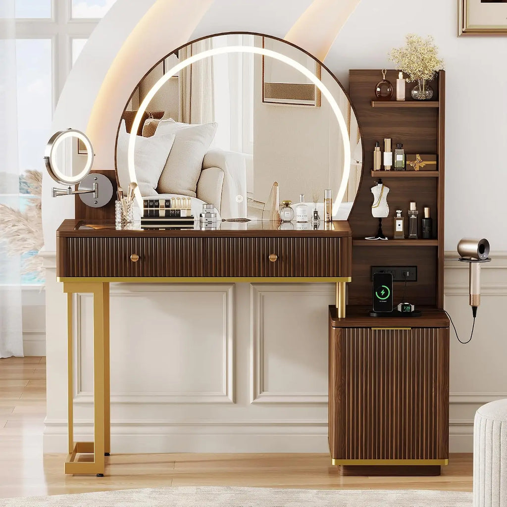 Vanity Desk with Magnifying Mirror & Glass Top
