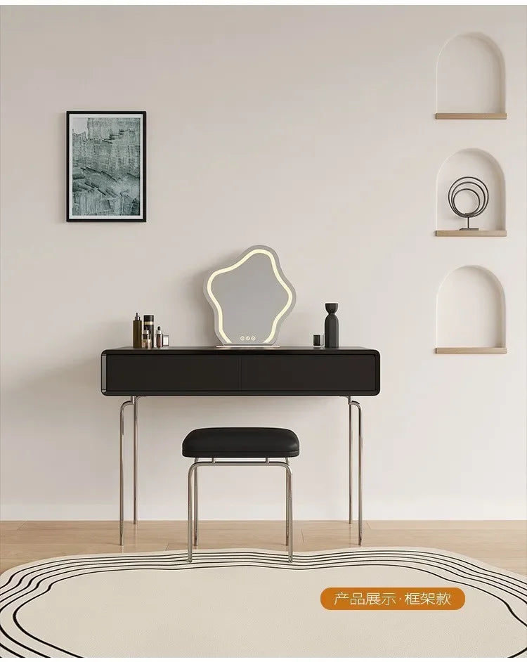 Luxury Makeup Vanity Desk with Mirror and Lights, Dressing Table with Stool Stainless Steel Legs 5 Drawers, Modern Makeup Desk