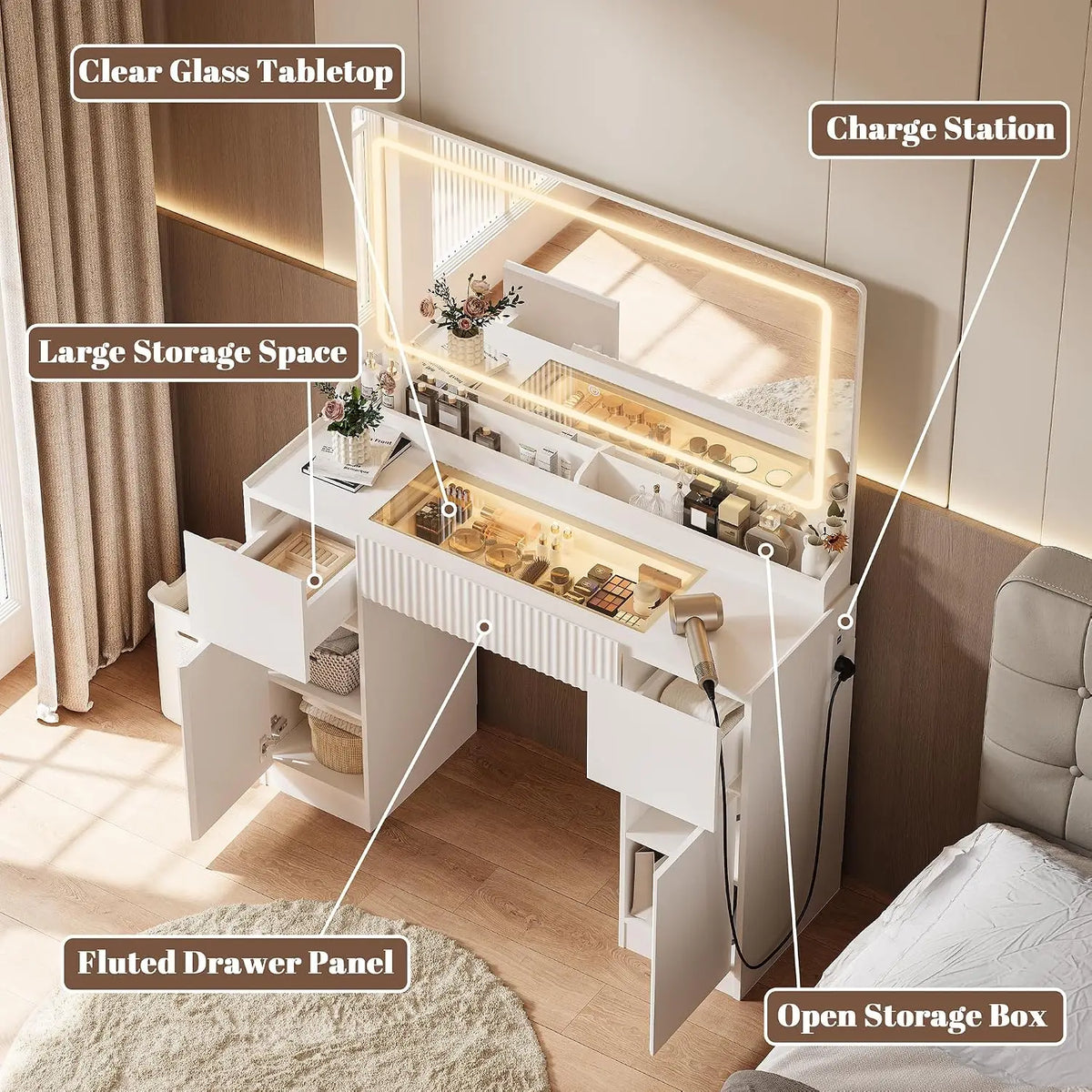 44 Inch Vanity Desk with LED Mirror & Power Outlet — view 2