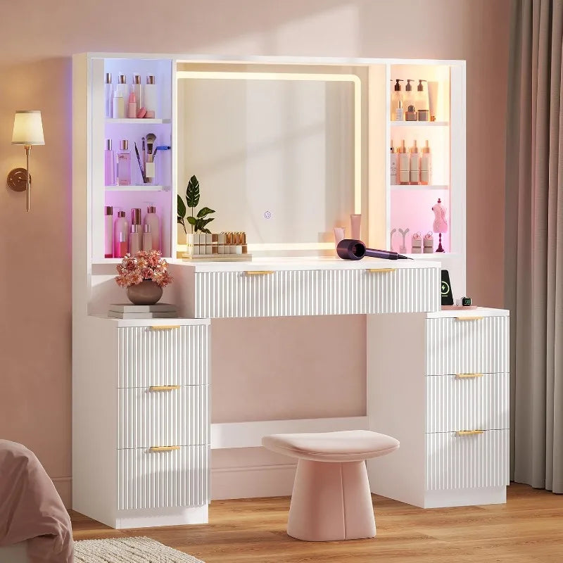 Fluted Wood Vanity Desk with Sound-Sync Lighting