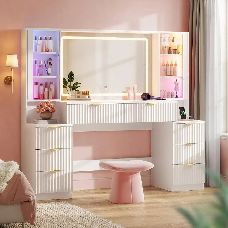 Fluted Wood Vanity Desk with Sound-Sync Lighting