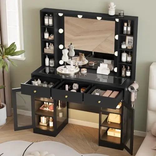 Noir Glass-Top Vanity Desk with Lighted Mirror
