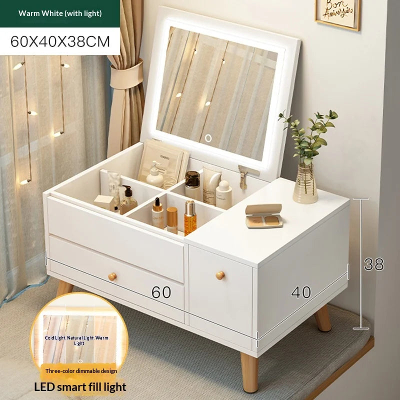 Window Seat Vanity Table with LED Mirror & Storage Drawers