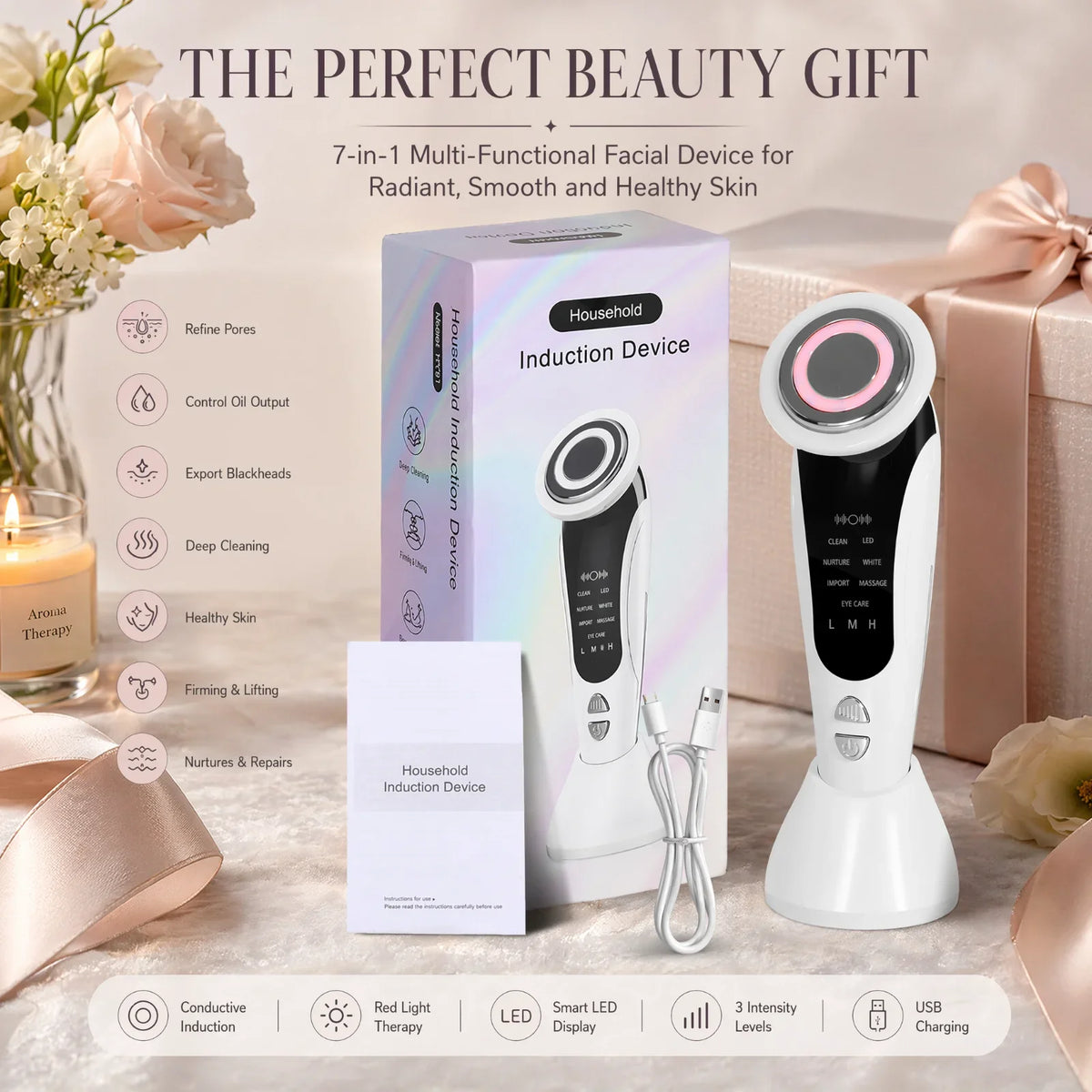 7 In 1 LED Light Therapy Facial Massager Serum Infusion Rechargeable Device