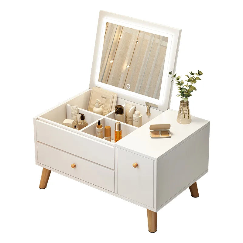 Window Seat Vanity Table with LED Mirror & Storage Drawers