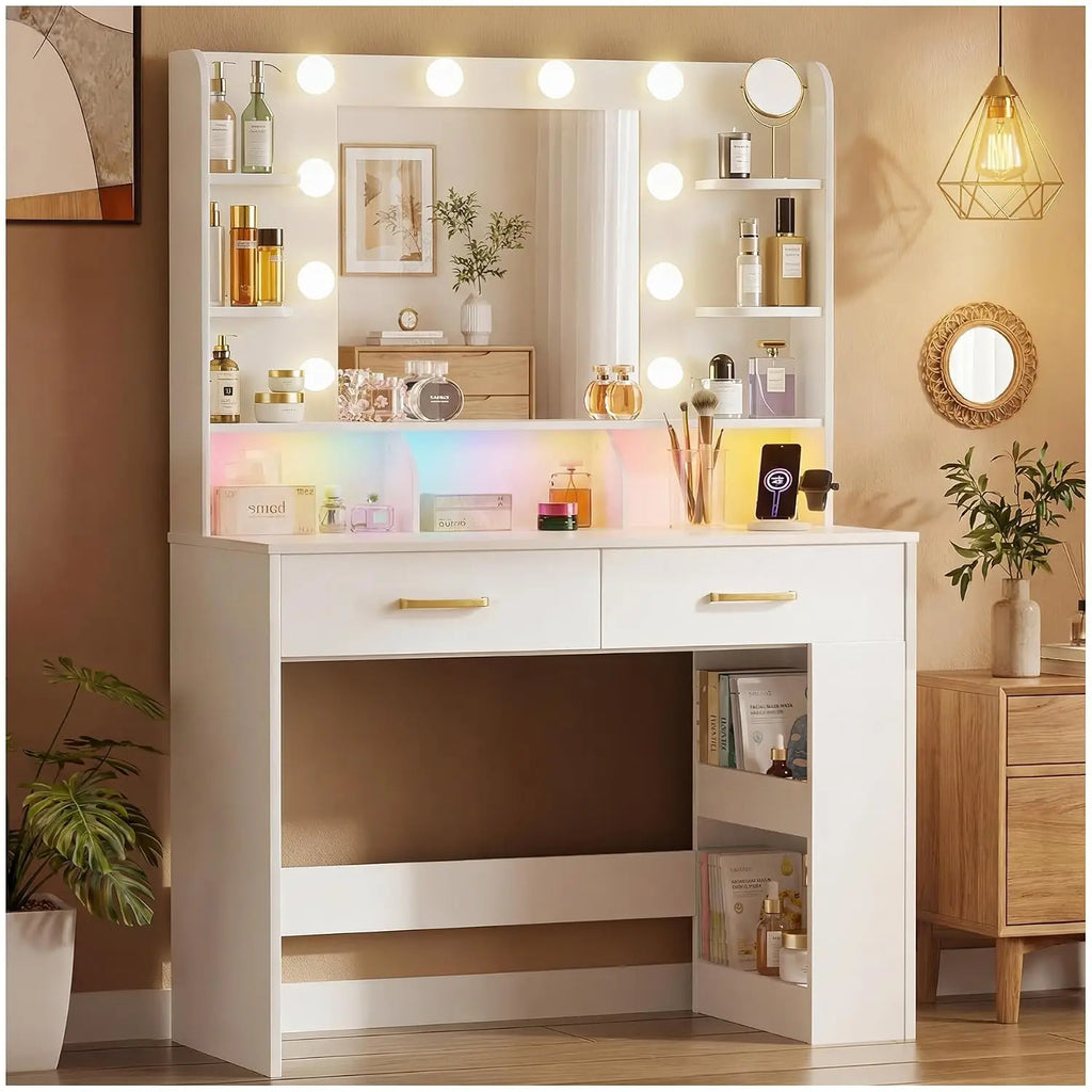 Black Vanity Desk with LED Mirror & Charging Station