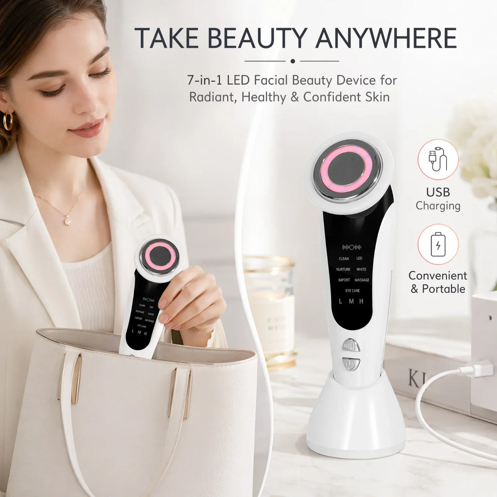 7 In 1 LED Light Therapy Facial Massager Serum Infusion Rechargeable Device