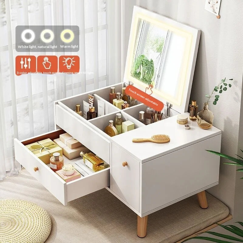 Window Seat Vanity Table with LED Mirror & Storage Drawers — Vanity Mirror, LED Light Therapy, Small Bedroom Furniture | Beautifully Within
