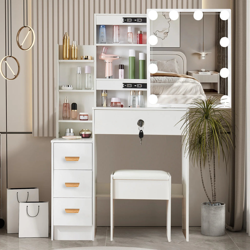 White Vanity Table Set with 3-Color LED Mirror, 4 Drawers & Stool