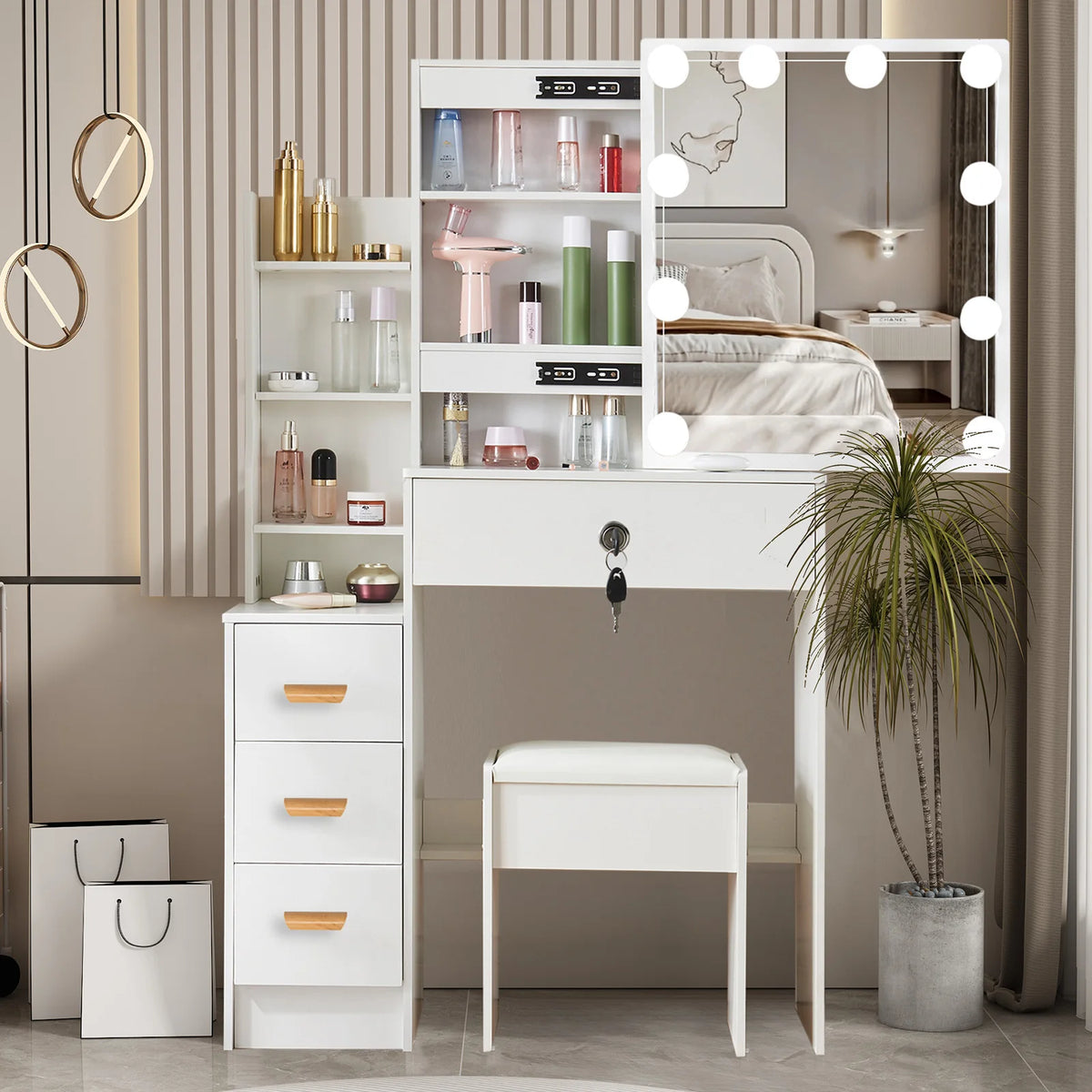 White Vanity Table Set with 3-Color LED Mirror, 4 Drawers & Stool
