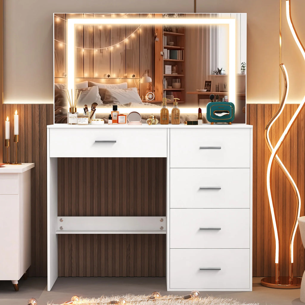 Modern White Vanity Desk with LED Mirror & Storage Drawers
