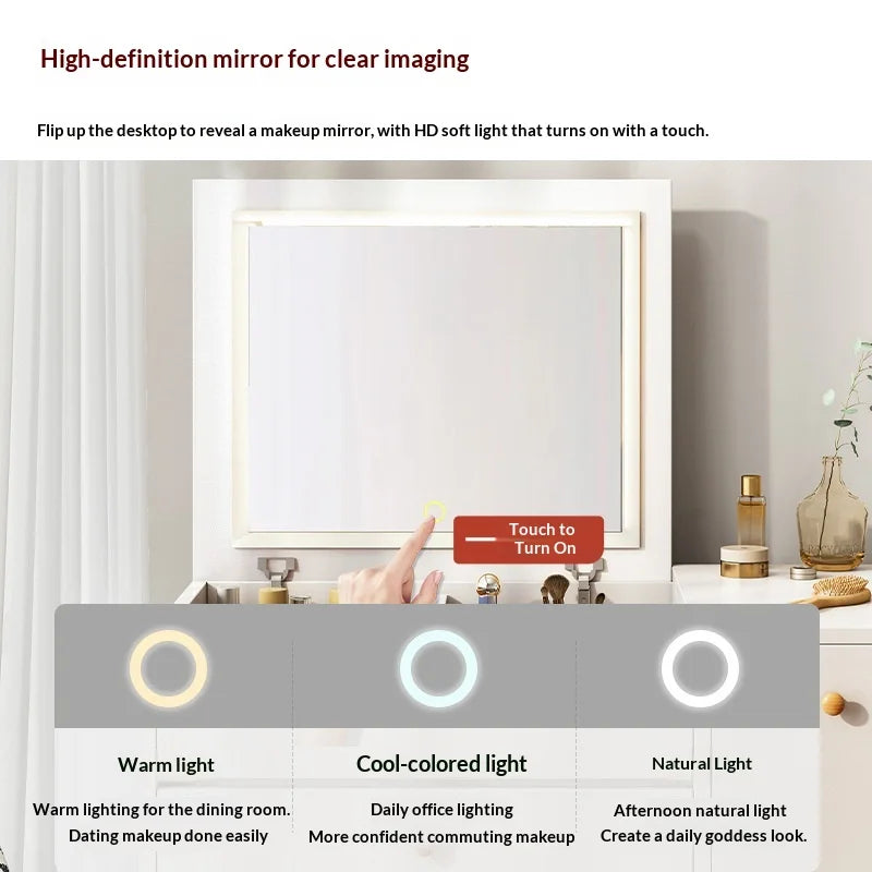 Window Seat Vanity Table with LED Mirror & Storage Drawers