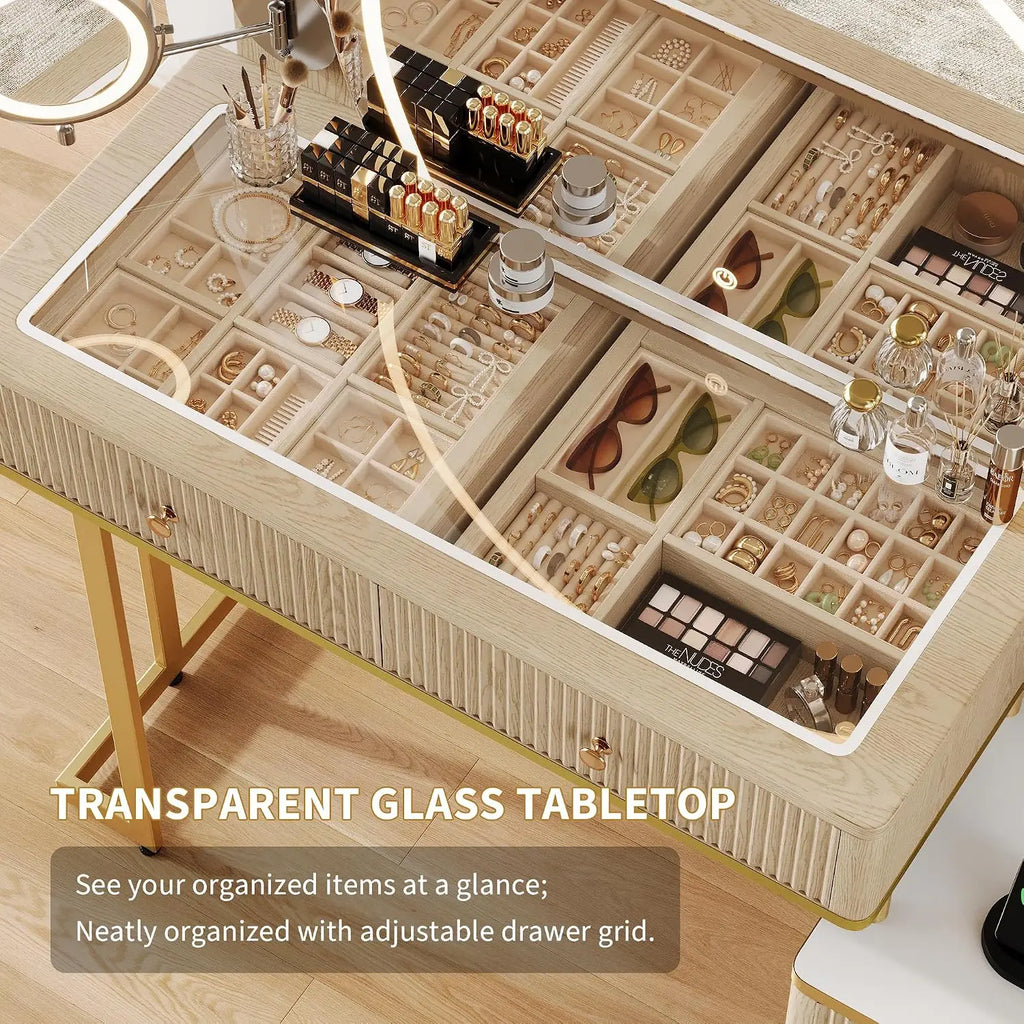 Vanity Desk with Magnifying Mirror & Glass Top