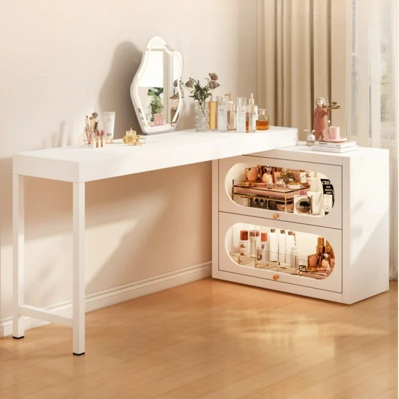 French-Style White Vanity Desk with Glass Cabinet — Add a touch of French-inspired elegance to your bedroom with this minimalist vanity desk | Beautiful...
