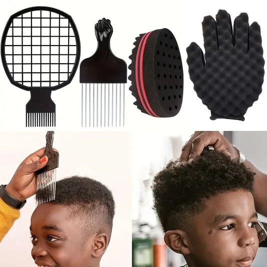 Afro Hair Sponge Set – Curl Sponge, Brush & Pick Comb