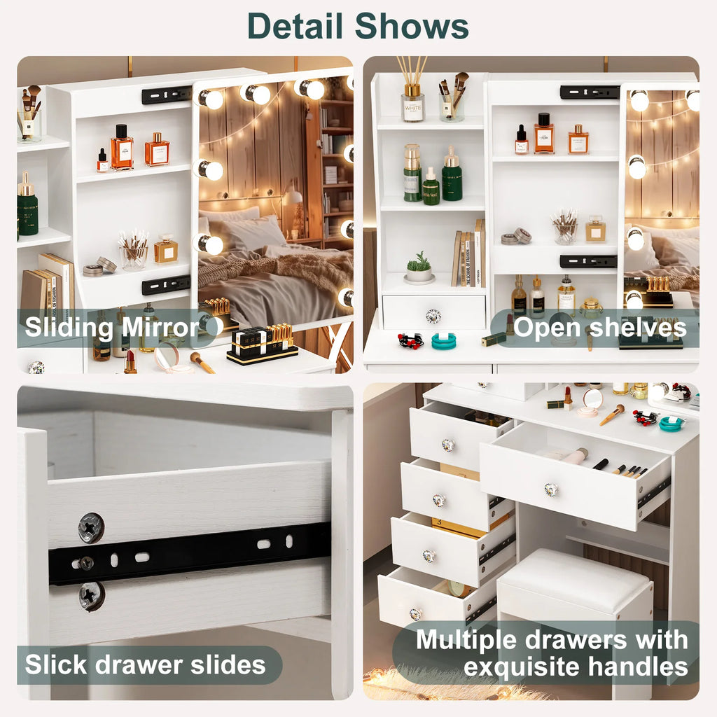 LED Makeup Vanity Set with Sliding Mirror, 6 Drawers & Stool