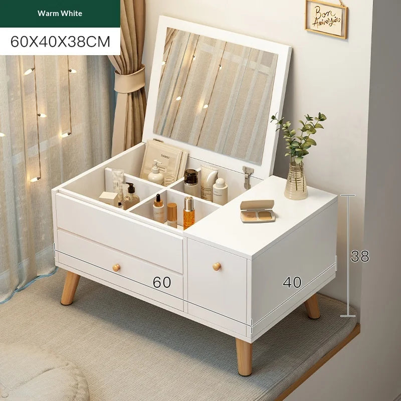 Window Seat Vanity Table with LED Mirror & Storage Drawers