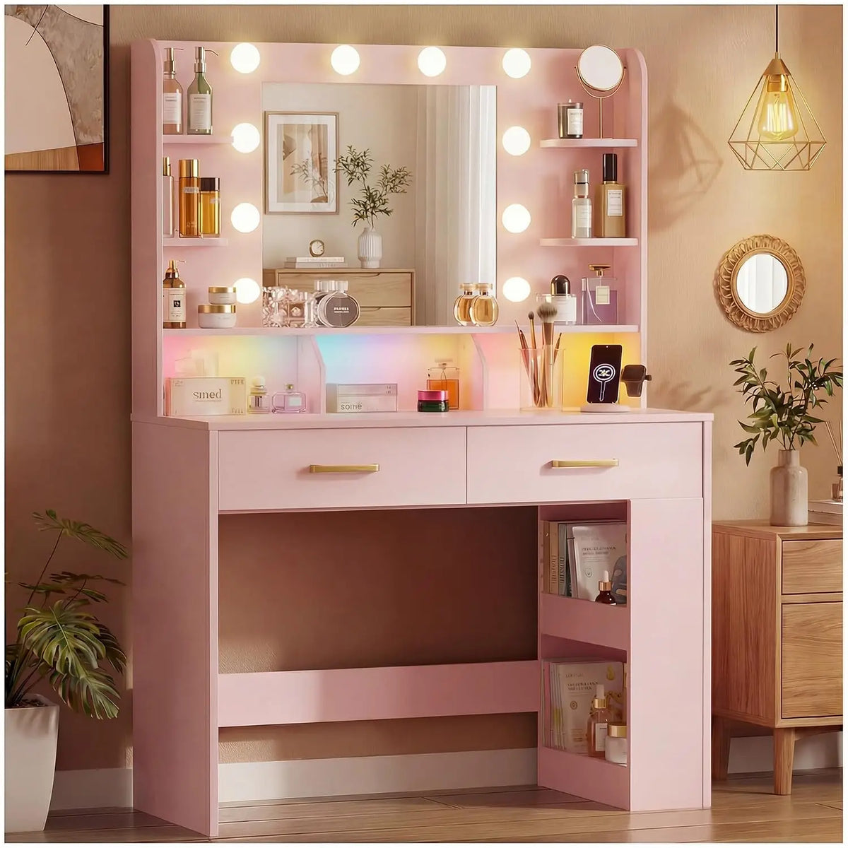 Black Vanity Desk with LED Mirror & Charging Station