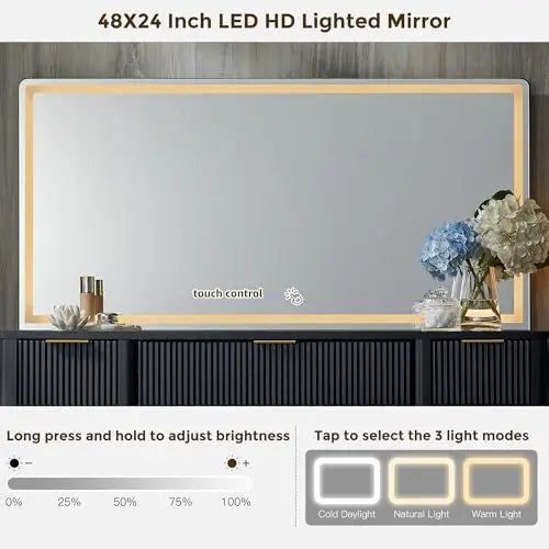 Fluted Vanity Desk with Nine Drawers & LED Mirror