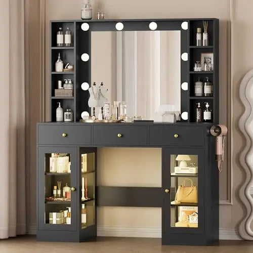 Noir Glass-Top Vanity Desk with Lighted Mirror