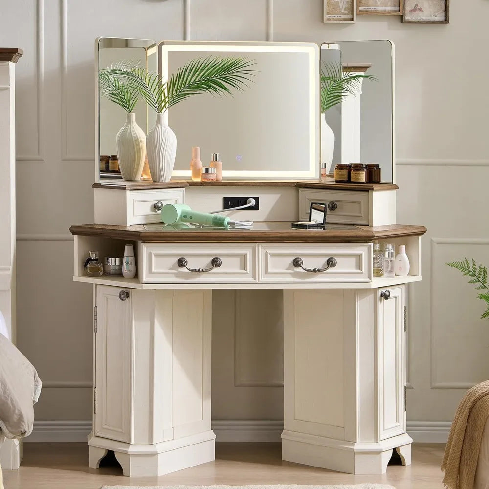 Farmhouse Corner Vanity Desk with Tri-Fold Mirror — Make the most of an awkward corner with this charming farmhouse-style vanity desk | Beautifully Within