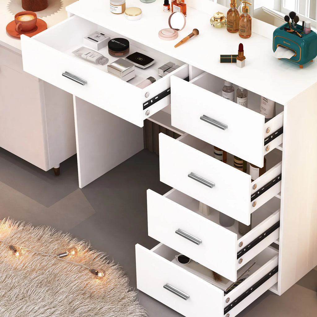 Modern White Vanity Desk with LED Mirror & Storage Drawers