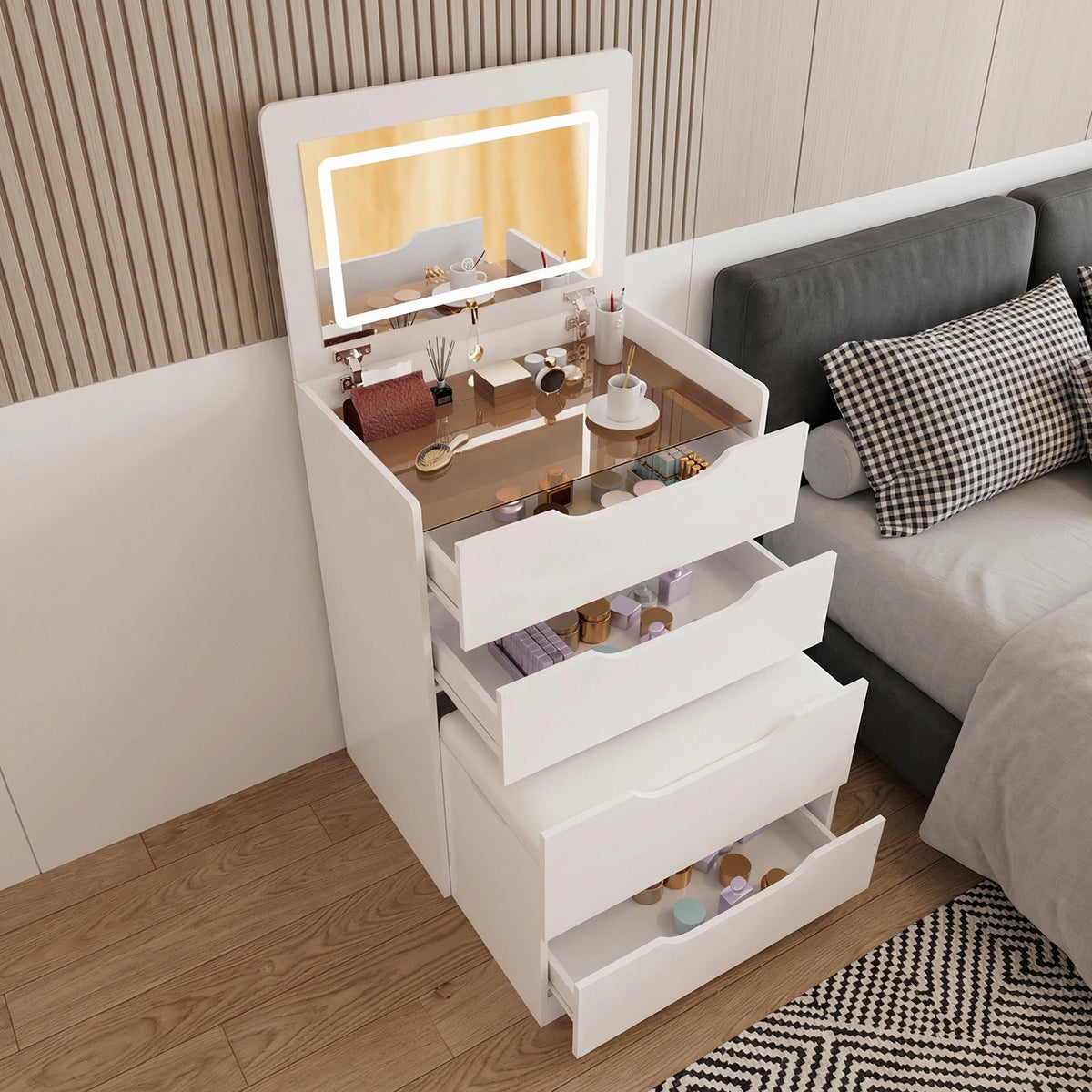 3-in-1 Hidden Vanity Desk with Flip-Top LED Mirror & Storage Stool - view 5