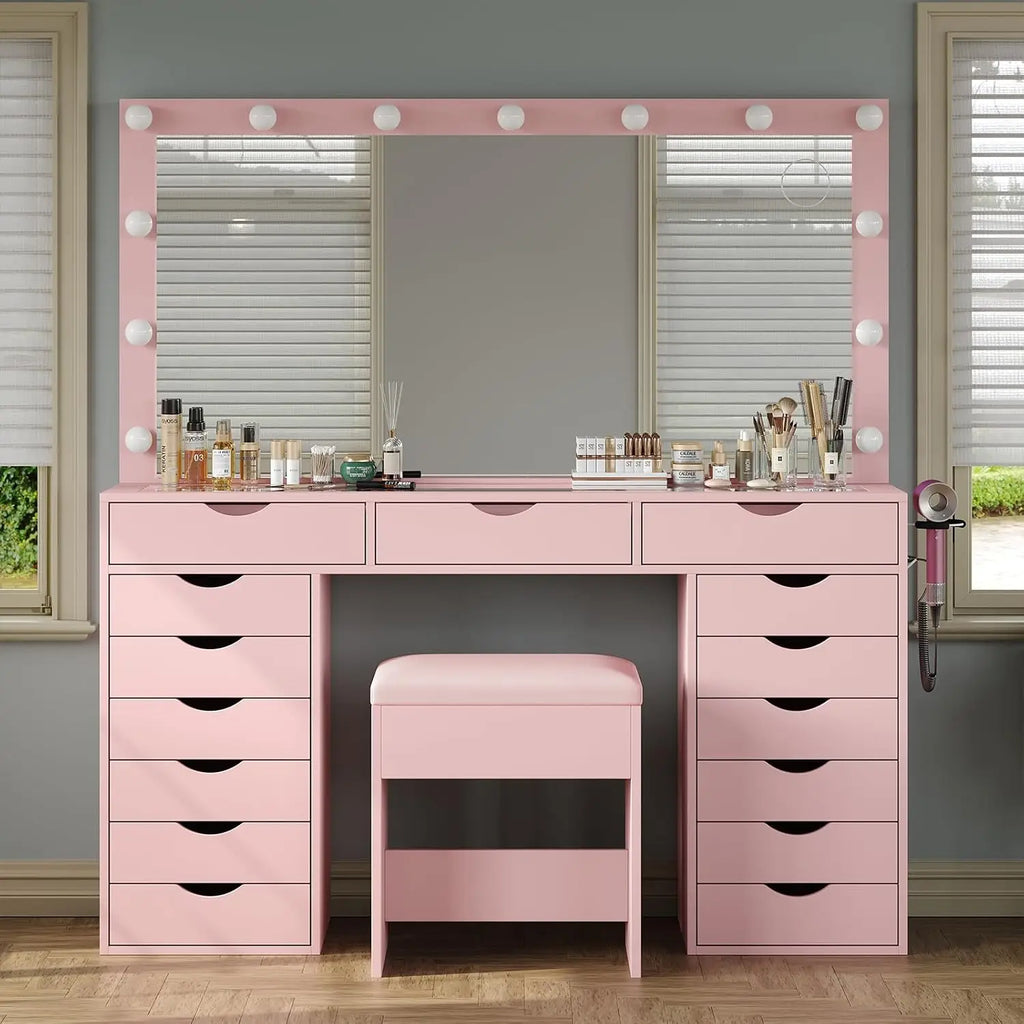 Parisian Lighted Vanity Desk with 15 Drawers