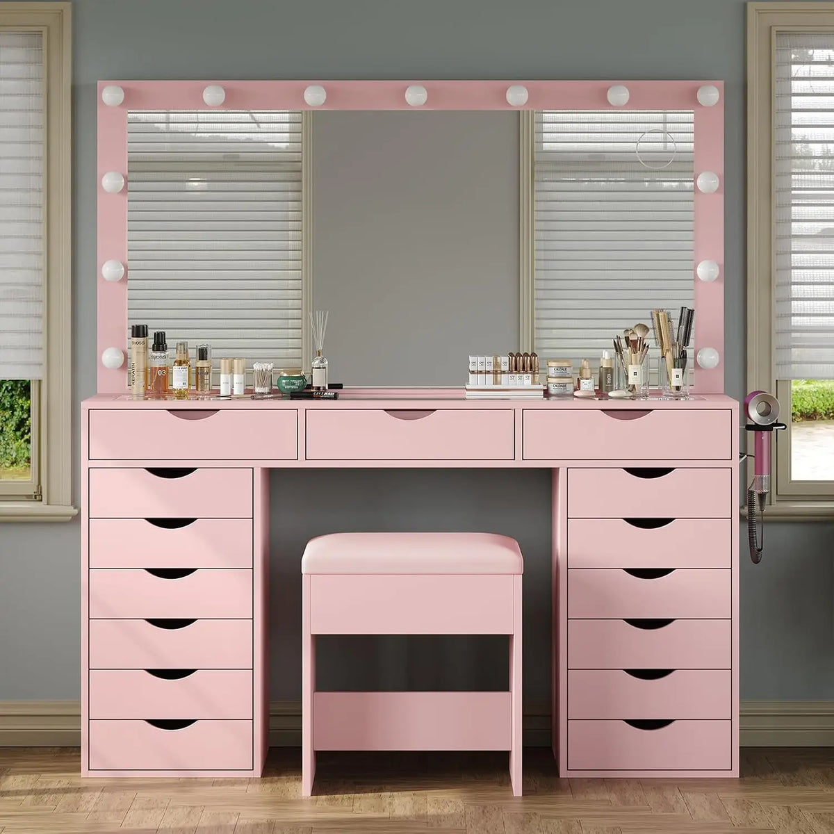 Parisian Lighted Vanity Desk with 15 Drawers