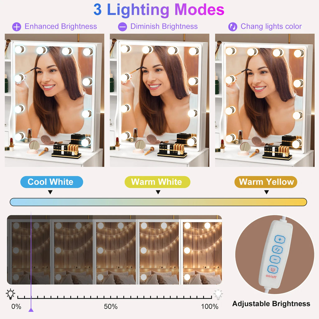 LED Makeup Vanity Set with Sliding Mirror, 6 Drawers & Stool