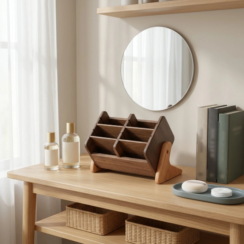 Wooden Cosmetic Storage Organizer with Compartments — Keep your vanity beautifully organized with this wooden cosmetic storage box | Beautifully Within
