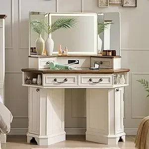 Farmhouse Corner Vanity Desk with Tri-Fold Mirror