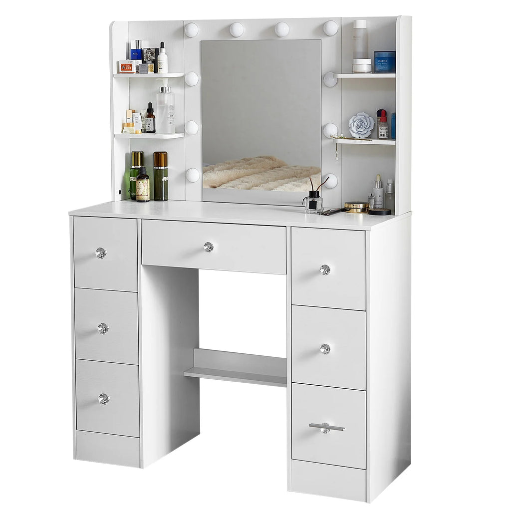 Hollywood Vanity Table with LED Bulb Mirror, 7 Drawers & Crystal Knobs