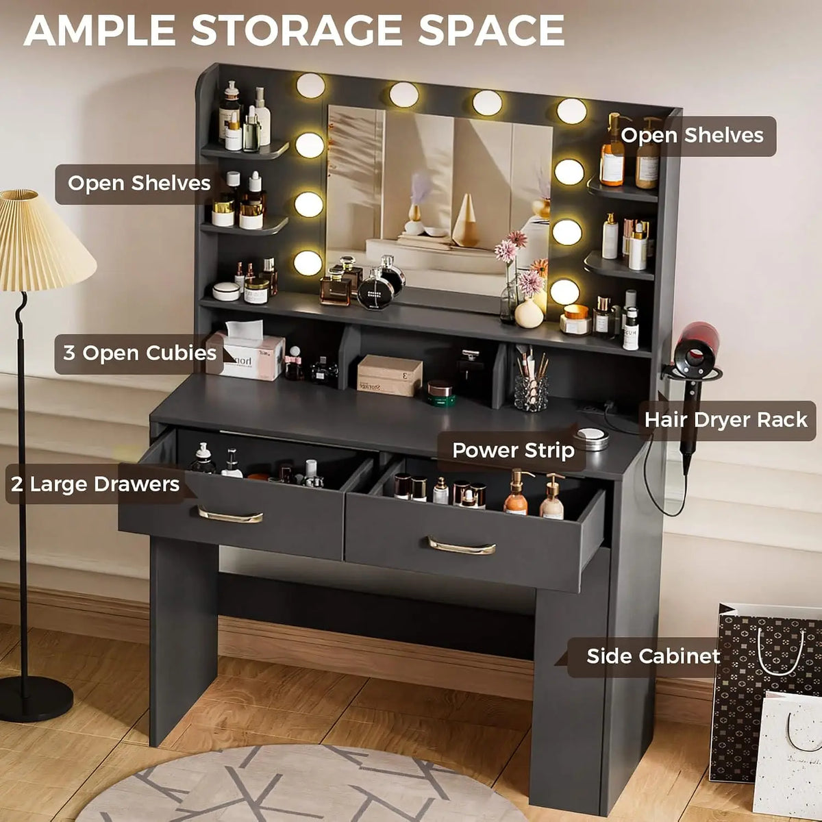 Black Vanity Desk with LED Mirror & Charging Station