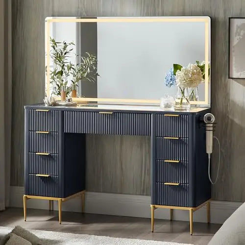 Fluted Vanity Desk with Nine Drawers & LED Mirror