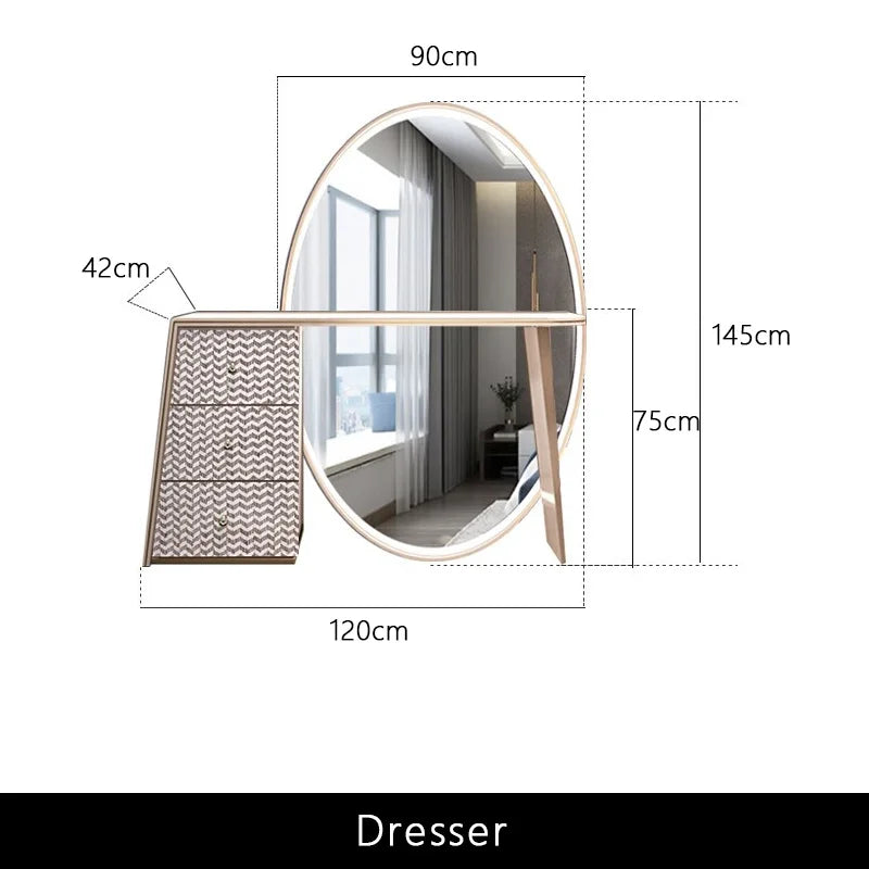 Luxury Beige Makeup Vanity Set with Side Cabinet Dressing Table with Big Mirror & Stool