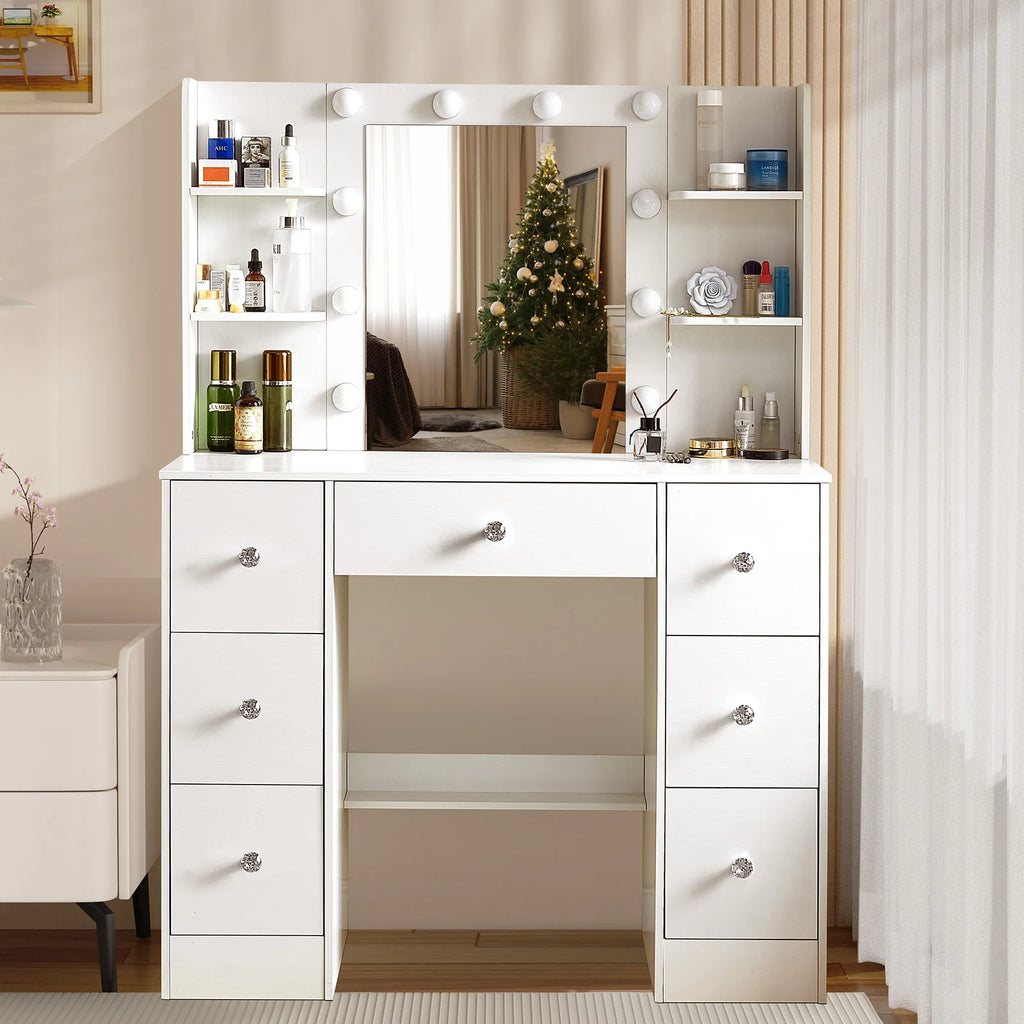 Hollywood Vanity Table with LED Bulb Mirror, 7 Drawers & Crystal Knobs