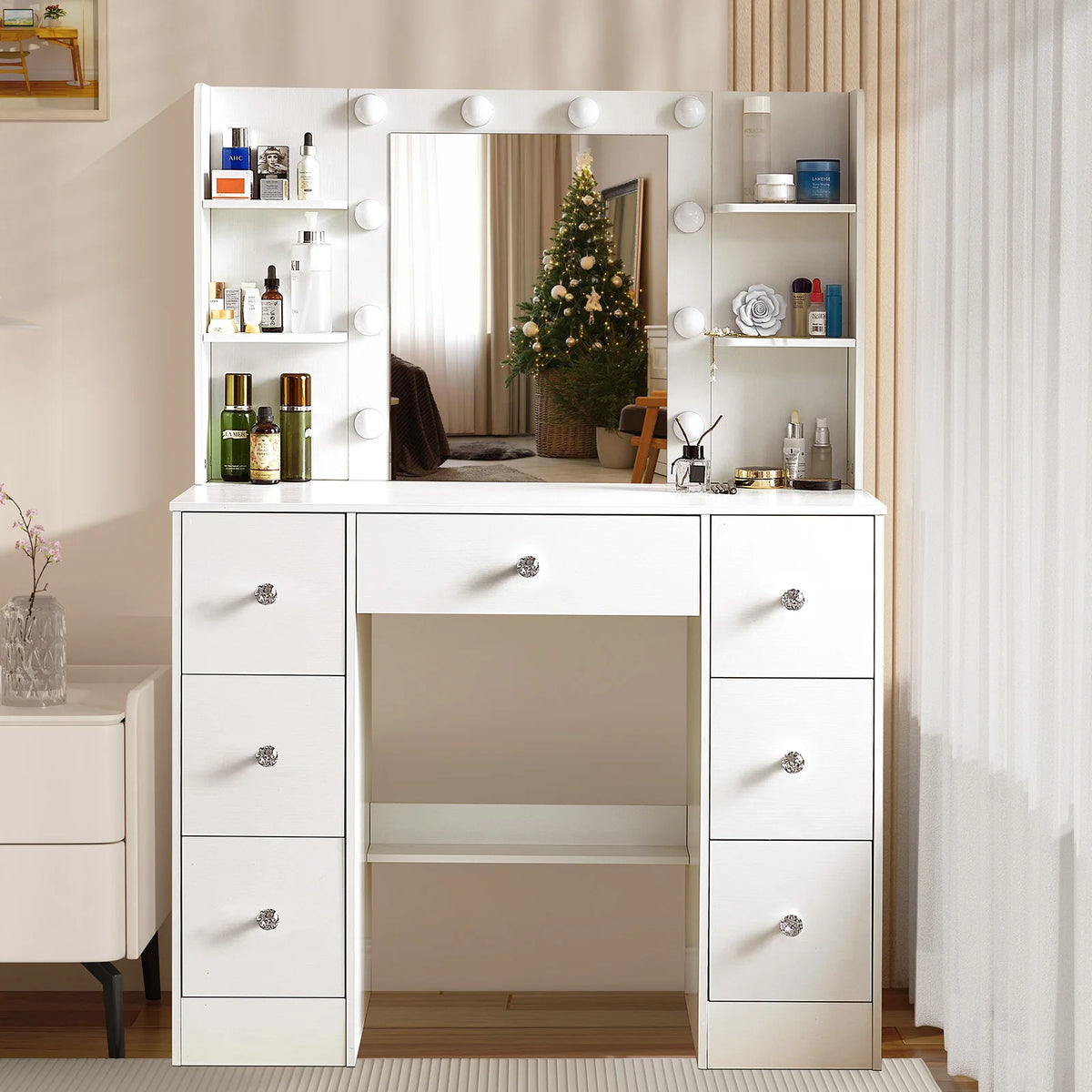 Hollywood Vanity Table with LED Bulb Mirror, 7 Drawers & Crystal Knobs