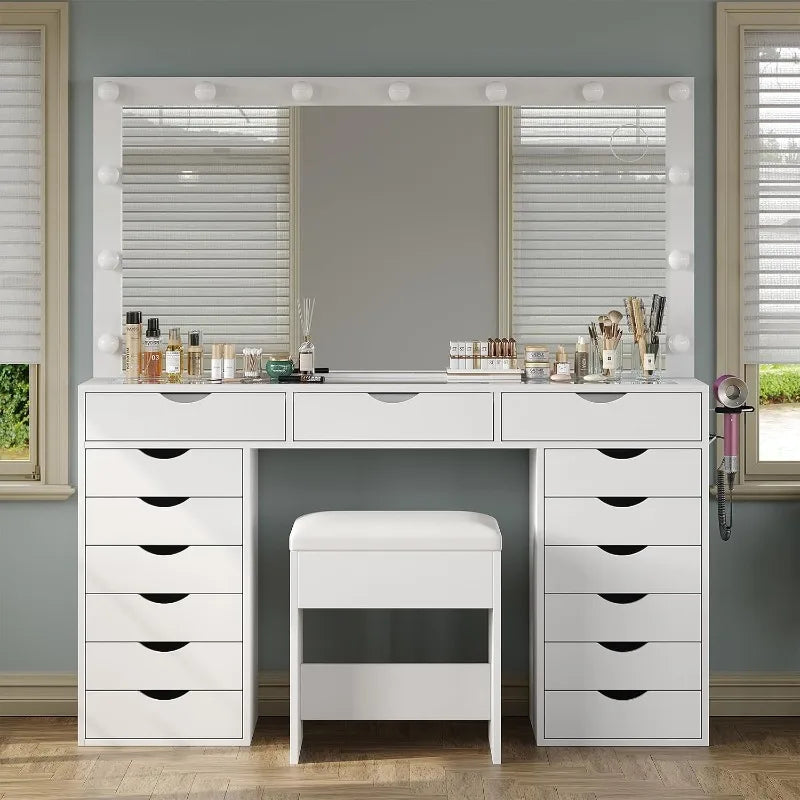 Parisian Lighted Vanity Desk with 15 Drawers