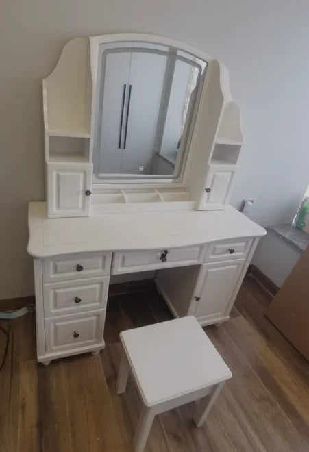 Farmhouse Corner Vanity Desk with Tri-Fold Mirror