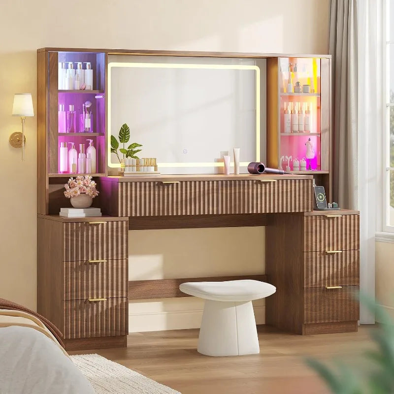 Fluted Wood Vanity Desk with Sound-Sync Lighting