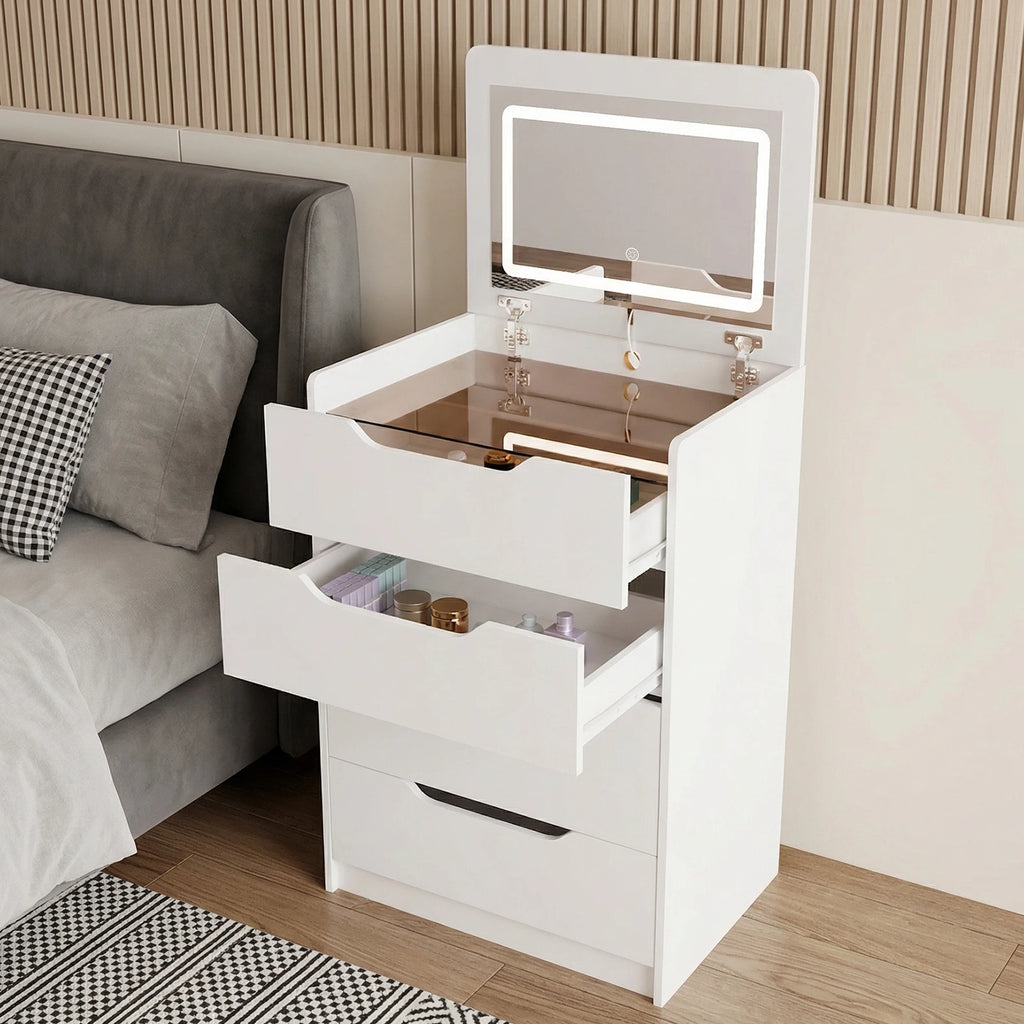 3-in-1 Hidden Vanity Desk with Flip-Top LED Mirror & Storage Stool