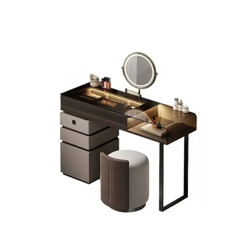 Modern Glass-Top Vanity Table with Wood Drawer