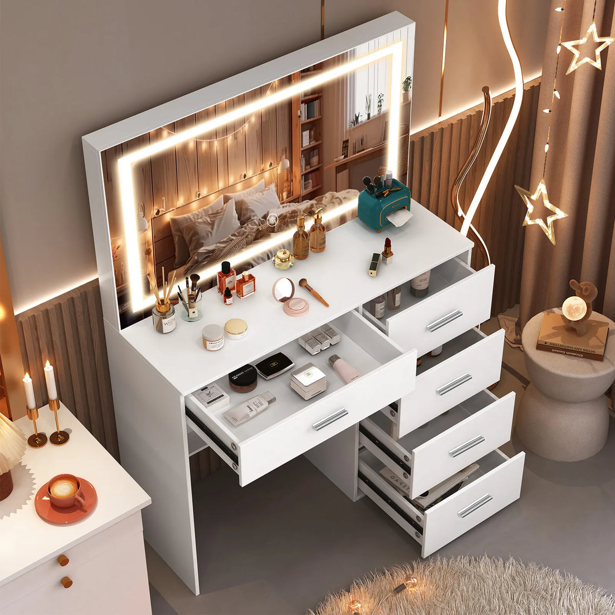 Modern White Vanity Desk with LED Mirror & Storage Drawers