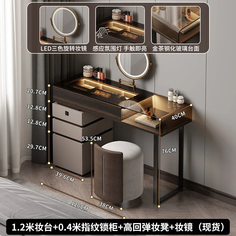 Modern Glass-Top Vanity Table with Wood Drawer