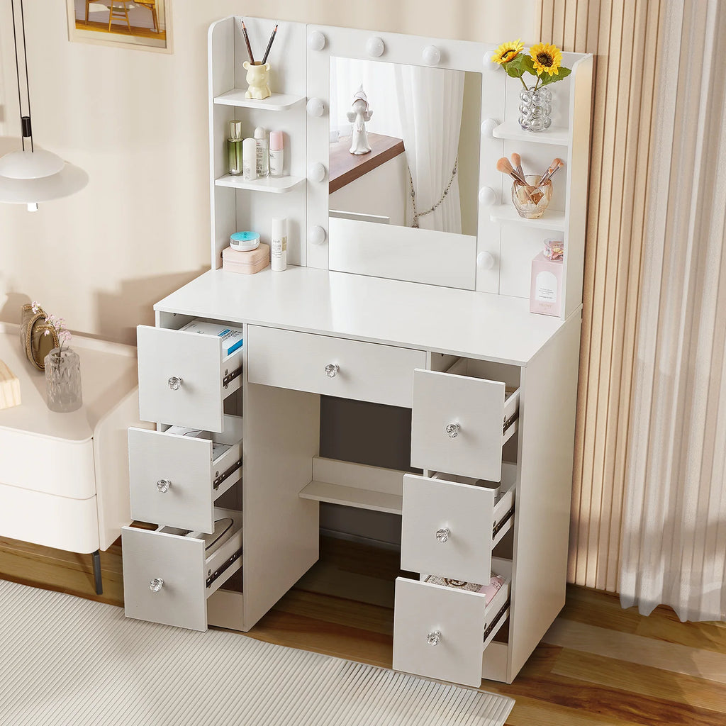 Hollywood Vanity Table with LED Bulb Mirror, 7 Drawers & Crystal Knobs