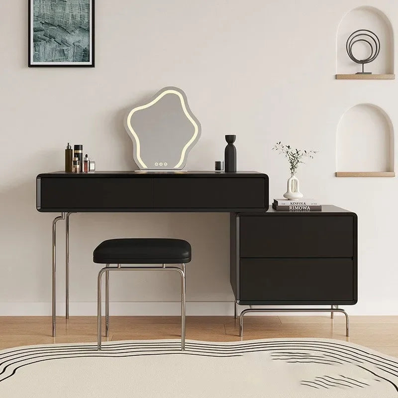 Luxury Makeup Vanity Desk with Mirror and Lights, Dressing Table with Stool Stainless Steel Legs 5 Drawers, Modern Makeup Desk