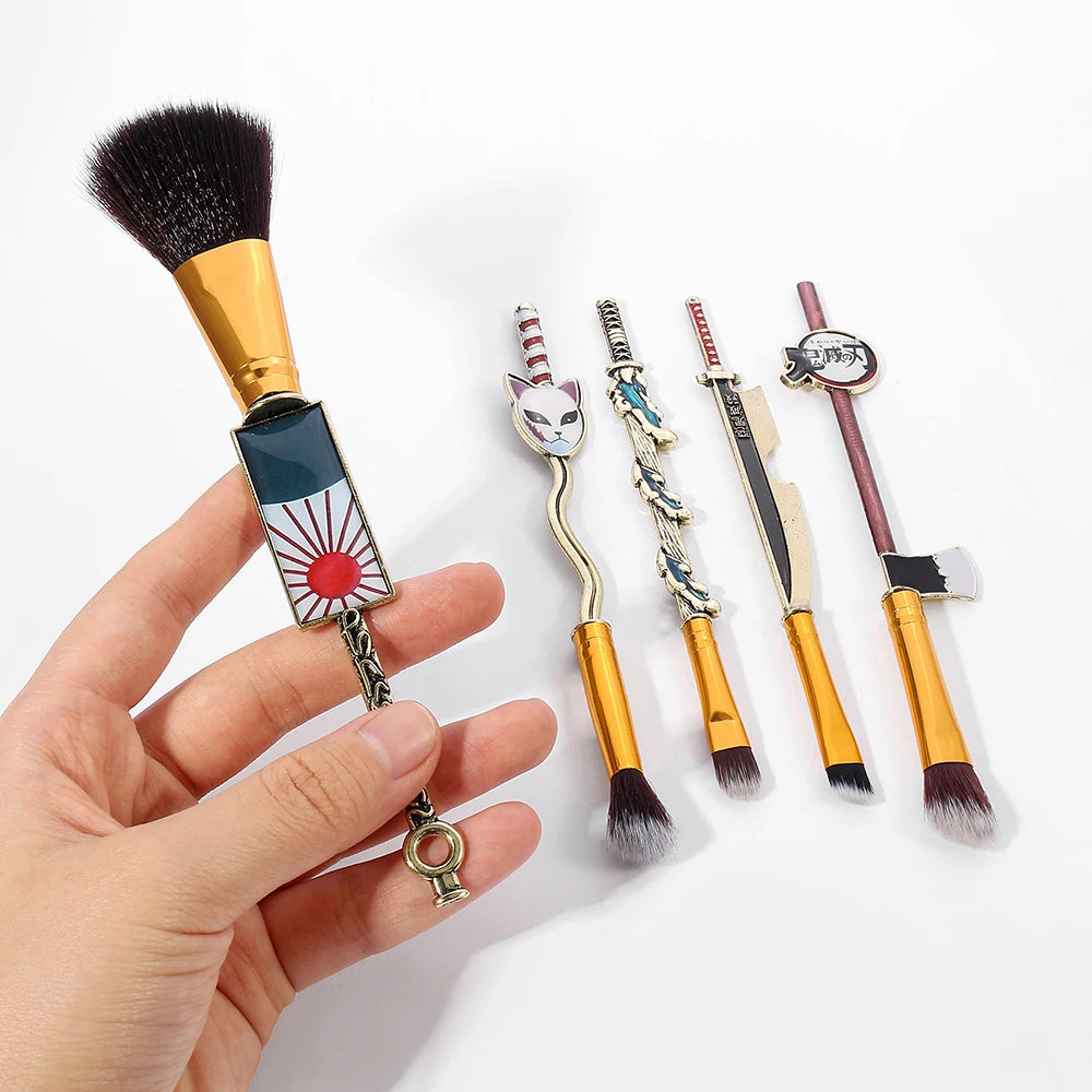 5PCS Demon Slayer Kimetsu no Yaiba Makeup Brushes Cosplay Tool Set Women Powder Eyeshadow Face Cosmeitcs Fan Collect