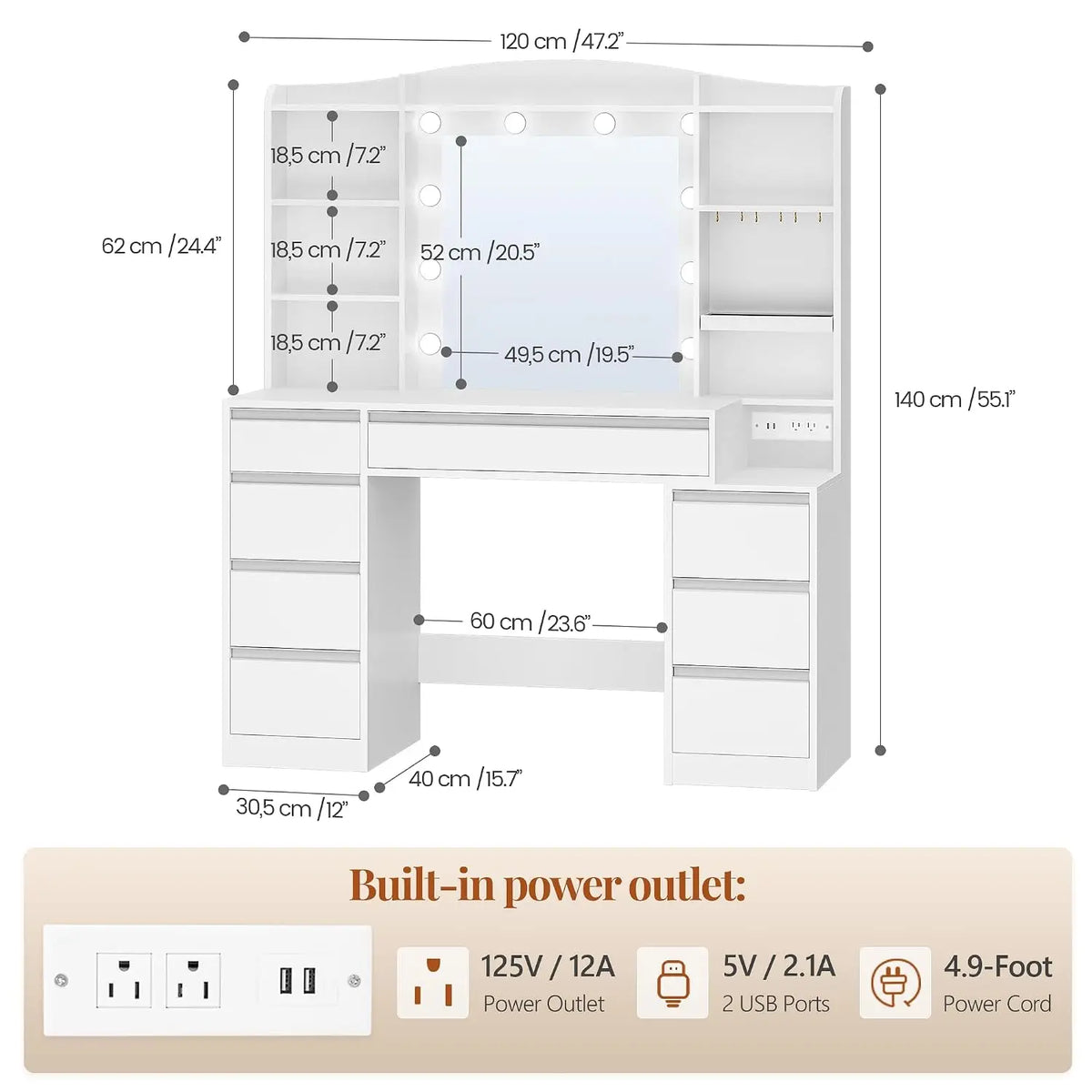 47" LED Vanity Desk with 8 Drawers & Charging Station